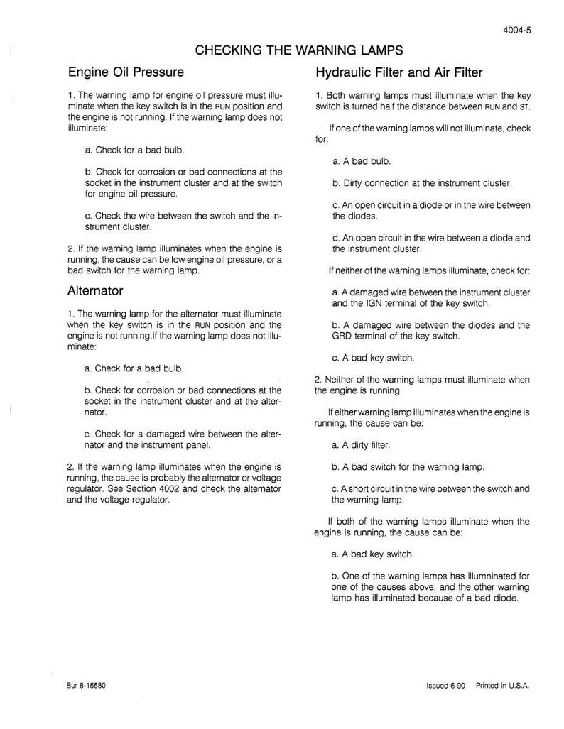 May include: A manual page titled "Checking the Warning Lamps" with troubleshooting advice. It covers engine oil pressure, hydraulic filter, and air filter problems, including checking bulbs, connections, and wiring for faults.