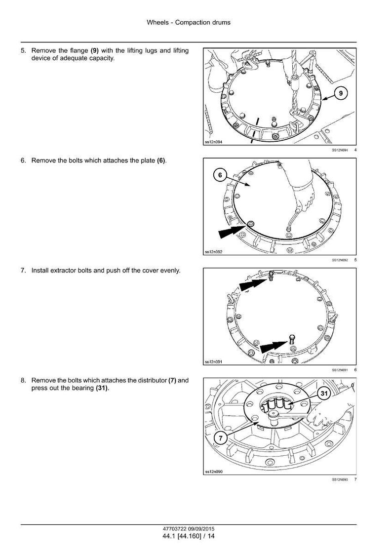 May include: Diagram showing steps for removing parts from a compaction drum. Includes images of removing the flange, bolts, and distributor. Text includes instructions and part numbers.