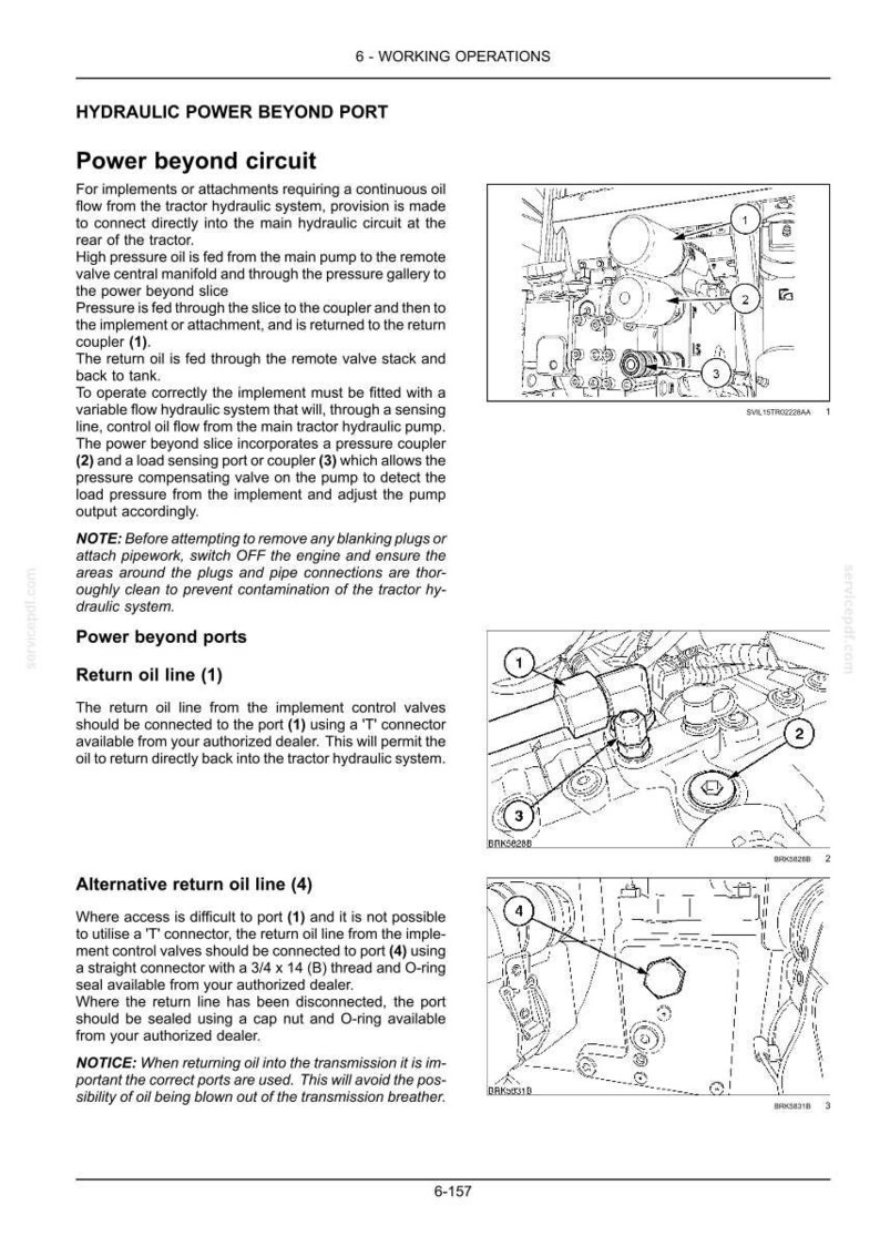 May include: A technical manual page titled 6-WORKING OPERATIONS HYDRAULIC POWER BEYOND PORT. It features black and white line drawings of tractor hydraulic components labeled with numbers 1, 2, 3, and 4, alongside instructional text.