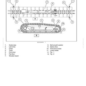 May include: Detailed technical diagram of a drive chain overview, featuring labeled components like guide tubes, chains, tracks, and shoes. The diagram includes two figures, A and B, with a list of numbered parts.