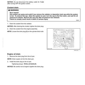 May include: Diagram of engine components with instructions for removing the flywheel housing, draining coolant, and draining engine oil. Includes warnings about burn hazards and tightening torque specifications of 70 N-m (51.63 lb ft).