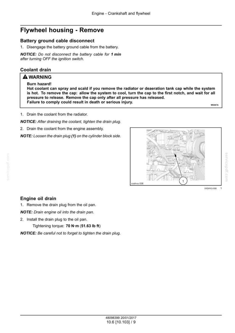 May include: Diagram of engine components with instructions for removing the flywheel housing, draining coolant, and draining engine oil. Includes warnings about burn hazards and tightening torque specifications of 70 N-m (51.63 lb ft).