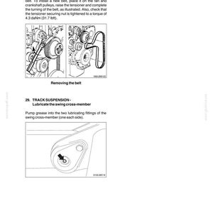 K&ouml;nnte beinhalten: Eine Seite aus einem technischen Handbuch mit der &Uuml;berschrift D180, Seite 81, mit schwarz-wei&szlig;en Strichzeichnungen. Sie enth&auml;lt Anweisungen zum Riemenwechsel mit 4,3 daNm Drehmoment und zum Schmieren des Schwingquertr&auml;gers &uuml;ber Schmiernippel.