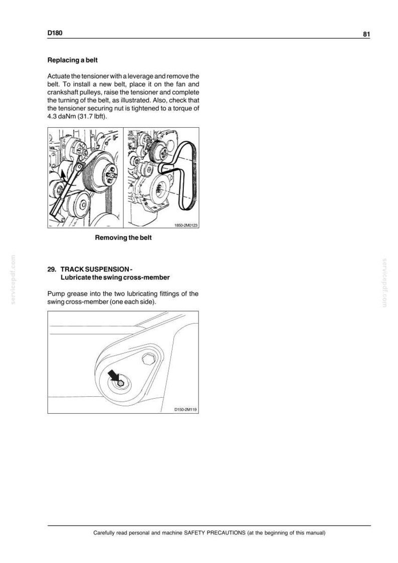 K&ouml;nnte beinhalten: Eine Seite aus einem technischen Handbuch mit der &Uuml;berschrift D180, Seite 81, mit schwarz-wei&szlig;en Strichzeichnungen. Sie enth&auml;lt Anweisungen zum Riemenwechsel mit 4,3 daNm Drehmoment und zum Schmieren des Schwingquertr&auml;gers &uuml;ber Schmiernippel.