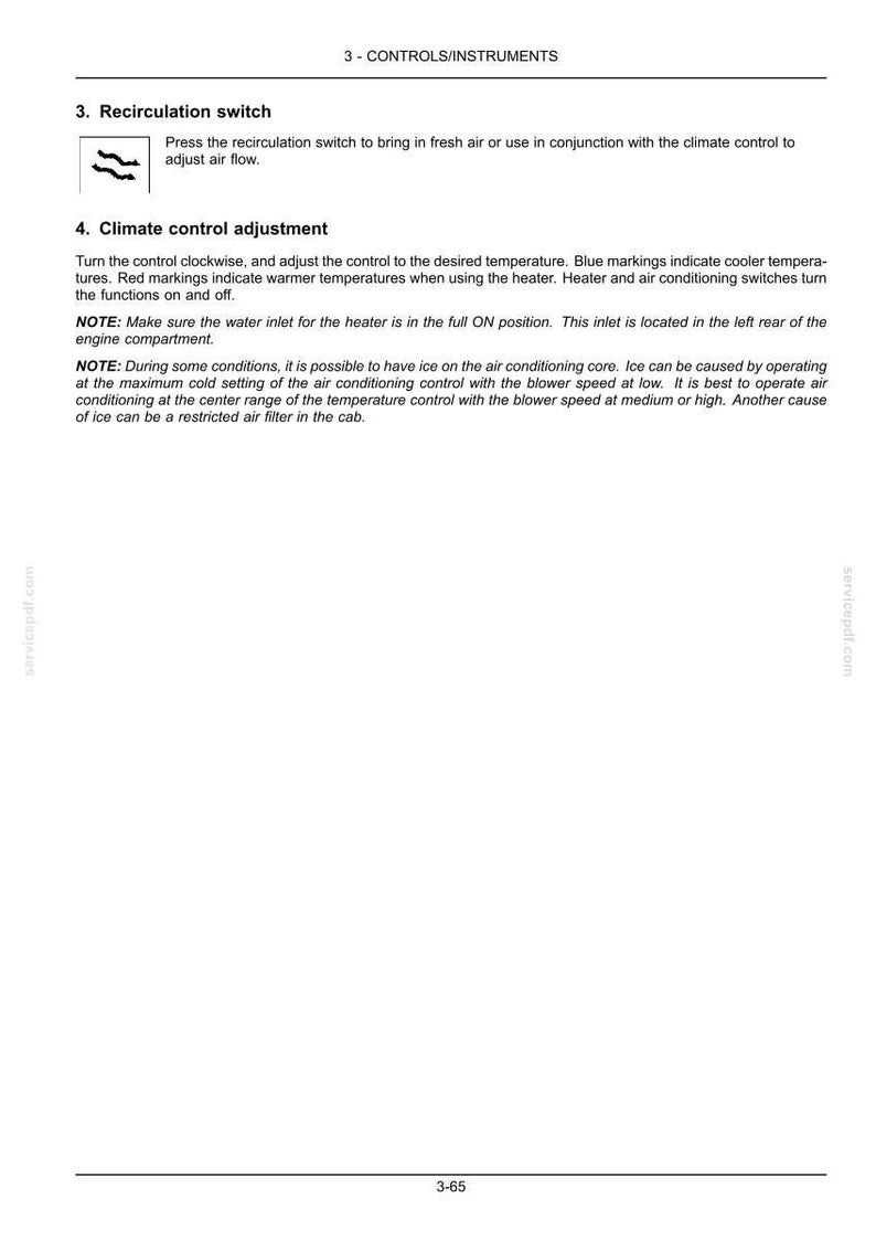 Puede incluir: P&aacute;gina de un manual que detalla los controles del coche. Incluye instrucciones para el interruptor de recirculaci&oacute;n y el ajuste del control del clima. El texto explica c&oacute;mo ajustar la temperatura y notas sobre la posible formaci&oacute;n de hielo.