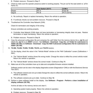May include: A technical document detailing fault codes for electrical systems, including steps for troubleshooting and software updates. The document includes instructions for clearing memory, checking controller networks, and verifying software versions. It also lists tractor models.