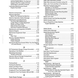 May include: A detailed index from a manual, listing topics and page numbers. Topics include machine operation, safety, and maintenance. The document is for a machine, possibly a backhoe or similar heavy equipment.