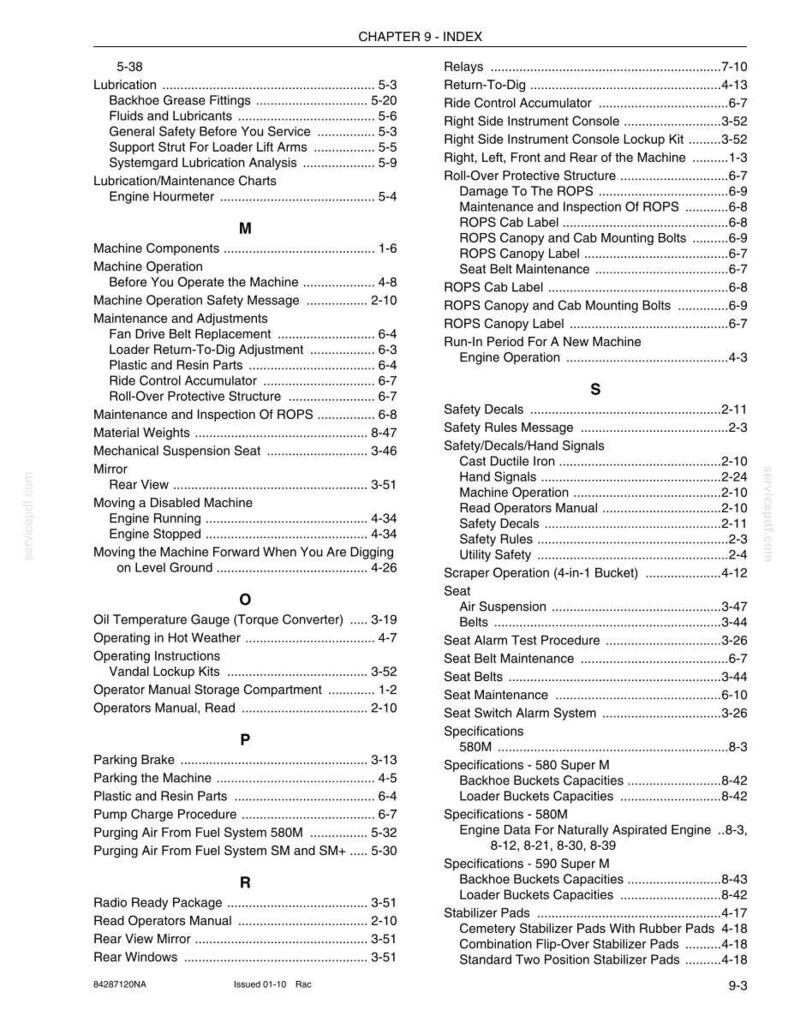 May include: A detailed index from a manual, listing topics and page numbers. Topics include machine operation, safety, and maintenance. The document is for a machine, possibly a backhoe or similar heavy equipment.