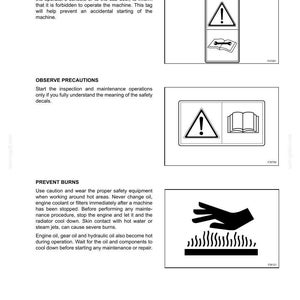 K&ouml;nnte beinhalten: Seite aus einem Handbuch mit Sicherheitshinweisen. Enth&auml;lt ein "Wartung in Bearbeitung"-Schild mit einem Ausrufezeichen, ein Warnschild mit einem Buch und ein Handsymbol &uuml;ber Hitzelinien.