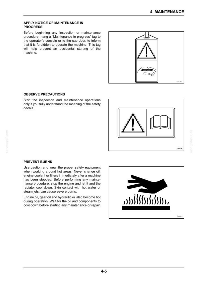 K&ouml;nnte beinhalten: Seite aus einem Handbuch mit Sicherheitshinweisen. Enth&auml;lt ein "Wartung in Bearbeitung"-Schild mit einem Ausrufezeichen, ein Warnschild mit einem Buch und ein Handsymbol &uuml;ber Hitzelinien.