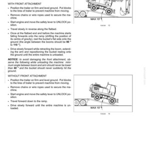 May include: A technical manual page titled 5 - TRANSPORT OPERATIONS, featuring two black and white line drawings of an excavator on a trailer. The diagrams illustrate unloading procedures with a maximum 15-degree angle and boom positioning.