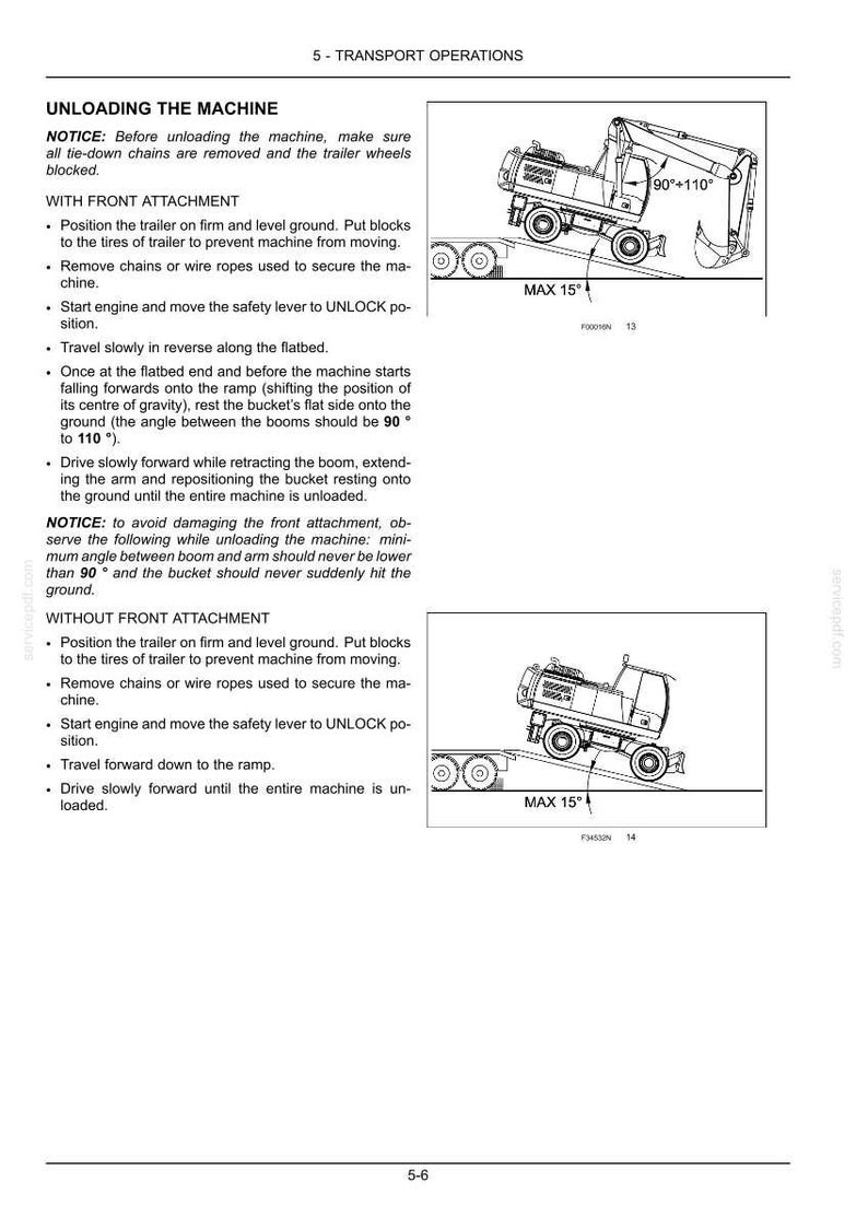 May include: A technical manual page titled 5 - TRANSPORT OPERATIONS, featuring two black and white line drawings of an excavator on a trailer. The diagrams illustrate unloading procedures with a maximum 15-degree angle and boom positioning.
