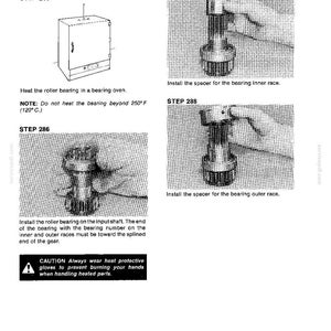 May include: Diagram illustrating the assembly of an input gear. Shows a bearing oven, spacer installation, and roller bearing placement on the input shaft. Includes safety text about handling heated parts.