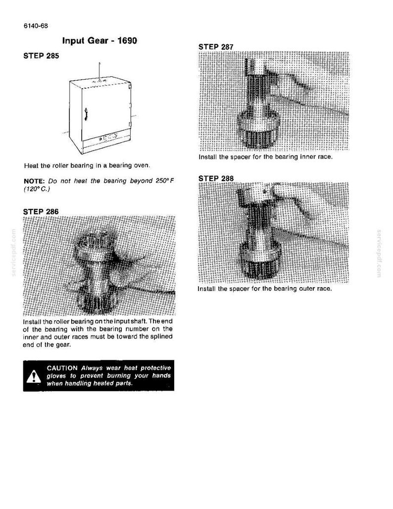 May include: Diagram illustrating the assembly of an input gear. Shows a bearing oven, spacer installation, and roller bearing placement on the input shaft. Includes safety text about handling heated parts.