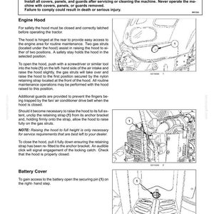 May include: A technical manual page titled 7-MAINTENANCE featuring black and white line drawings of tractor components. It includes instructions for the engine hood and battery cover, with numbered diagrams indicating specific parts like the hood latch.