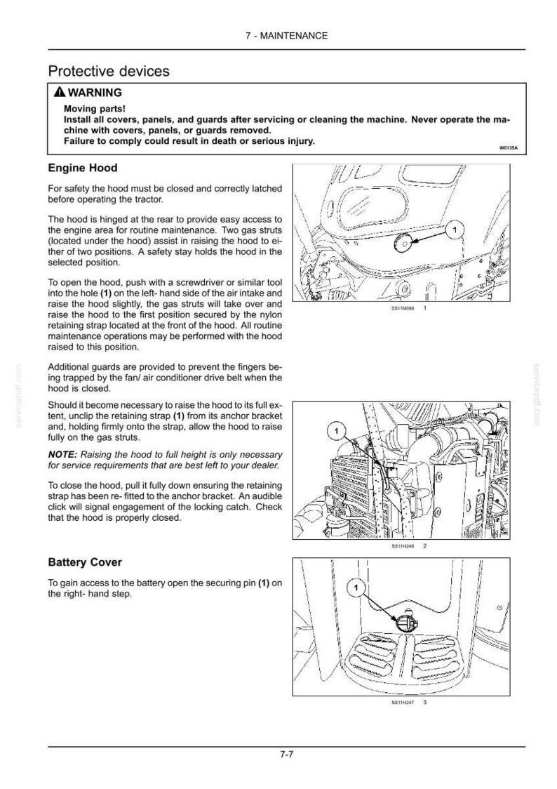 May include: A technical manual page titled 7-MAINTENANCE featuring black and white line drawings of tractor components. It includes instructions for the engine hood and battery cover, with numbered diagrams indicating specific parts like the hood latch.