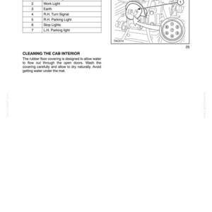 May include: A technical manual page titled SECTION 2 - OPERATION containing a table listing seven pin numbers and their corresponding electrical circuits, alongside a diagram of a circular connector and instructions for cleaning the cab interior.