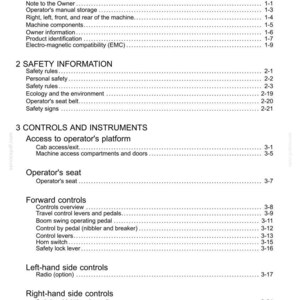 May include: A white document titled "Contents" with a list of topics and page numbers. Sections include General Information, Safety Information, and Controls and Instruments. The document is likely a manual.