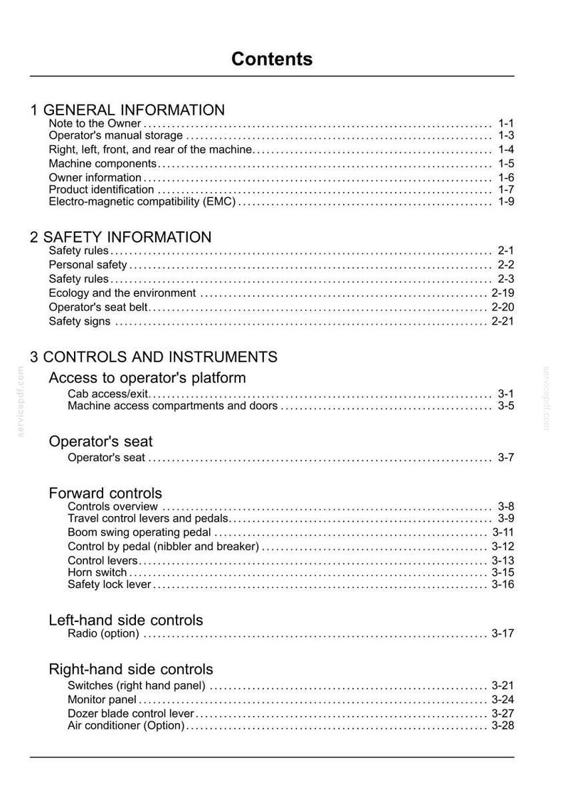 May include: A white document titled "Contents" with a list of topics and page numbers. Sections include General Information, Safety Information, and Controls and Instruments. The document is likely a manual.