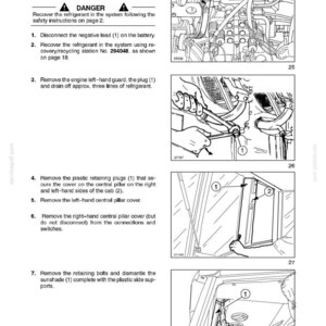 May include: Page from a manual detailing the removal and re-fitting of a cab air conditioning unit. Includes diagrams and numbered steps for the overhaul process, with safety warnings and component identification.