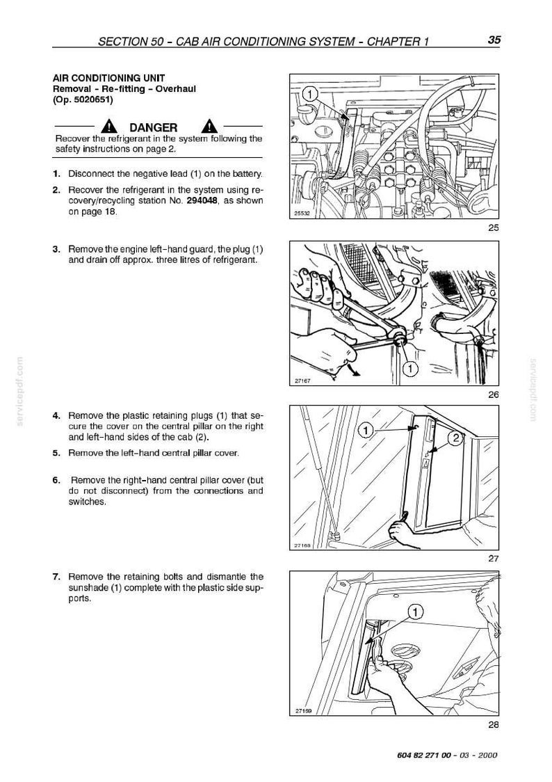 May include: Page from a manual detailing the removal and re-fitting of a cab air conditioning unit. Includes diagrams and numbered steps for the overhaul process, with safety warnings and component identification.