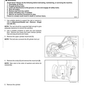 May include: Diagram of a hydraulic system with instructions for removing cylinders. The image includes numbered steps, diagrams, and safety warnings. The text includes instructions for removing the upper cylinder mount bolt and the circlip.