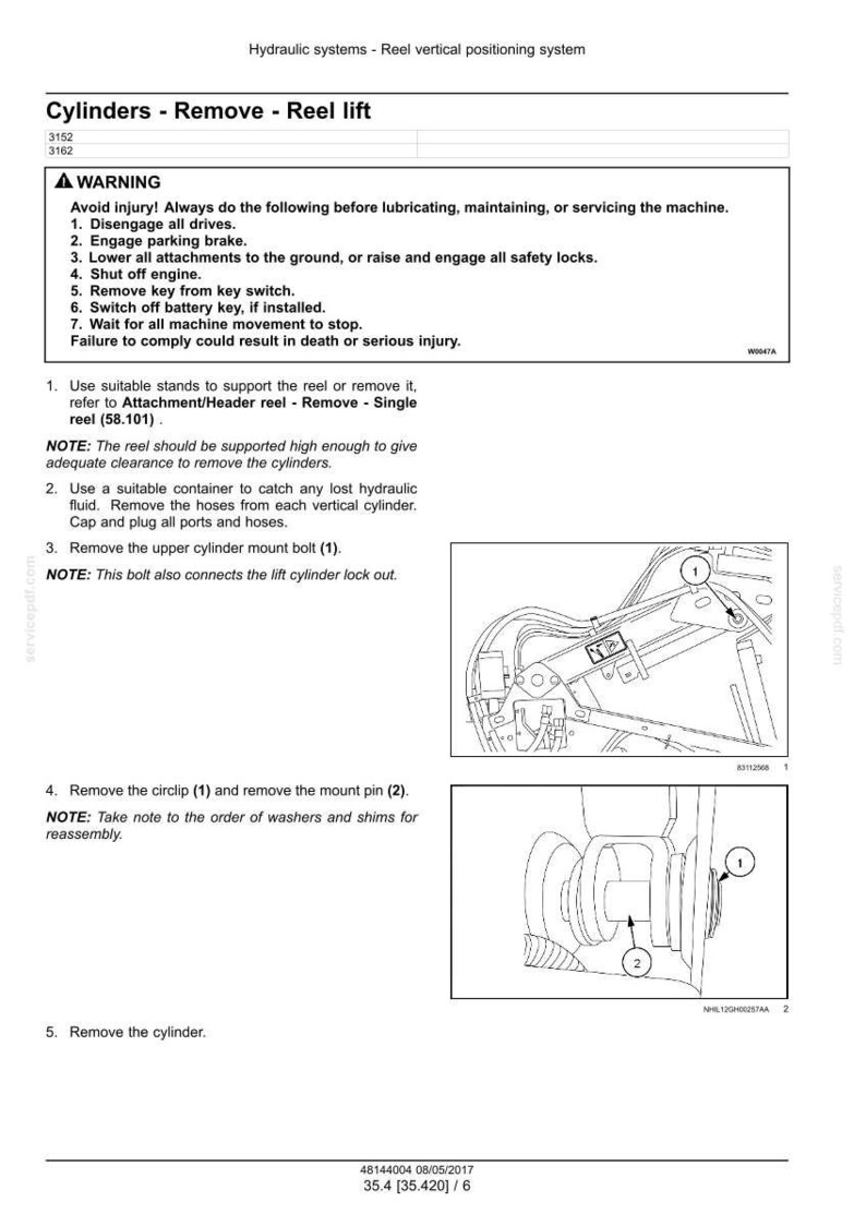 May include: Diagram of a hydraulic system with instructions for removing cylinders. The image includes numbered steps, diagrams, and safety warnings. The text includes instructions for removing the upper cylinder mount bolt and the circlip.