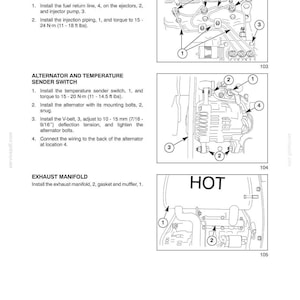 May include: A technical manual page titled Section 10 - Engine - Chapter 1, featuring three black and white line drawings. The diagrams illustrate fuel piping, an alternator with a temperature sender switch, and an exhaust manifold with the text HOT.