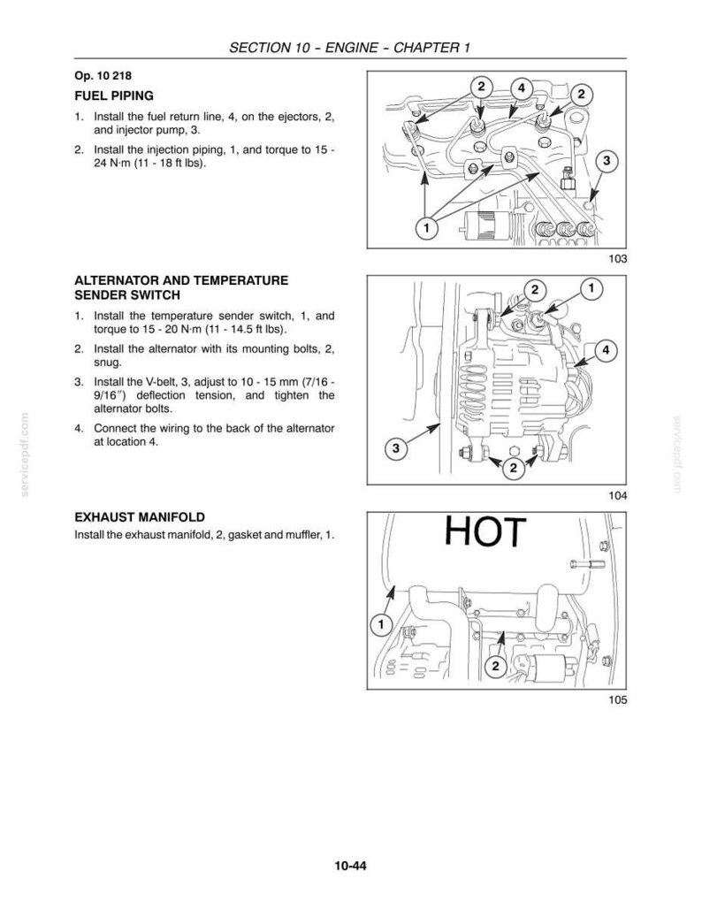 May include: A technical manual page titled Section 10 - Engine - Chapter 1, featuring three black and white line drawings. The diagrams illustrate fuel piping, an alternator with a temperature sender switch, and an exhaust manifold with the text HOT.