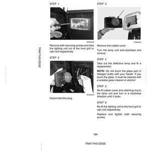 May include: A technical manual page titled ELECTRICAL SYSTEM Headlights, reserve cab roof headlights. It features three black and white instructional photographs showing steps to remove and replace a vehicle lamp unit, including text instructions for steps 1 through 6.