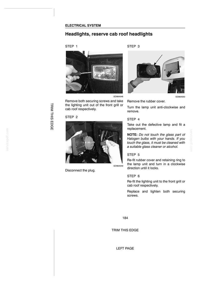 May include: A technical manual page titled ELECTRICAL SYSTEM Headlights, reserve cab roof headlights. It features three black and white instructional photographs showing steps to remove and replace a vehicle lamp unit, including text instructions for steps 1 through 6.