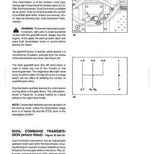 May include: A technical manual page titled OPERATION - TRANSMISSION, SECTION 1, detailing an 8x2 transmission. It includes text, a diagram of gearshift levers labeled 1 and 2, and a shift pattern diagram showing gear positions 1-5, 2-6, 4-8, 3-7, R1-R2, L, N, and H.