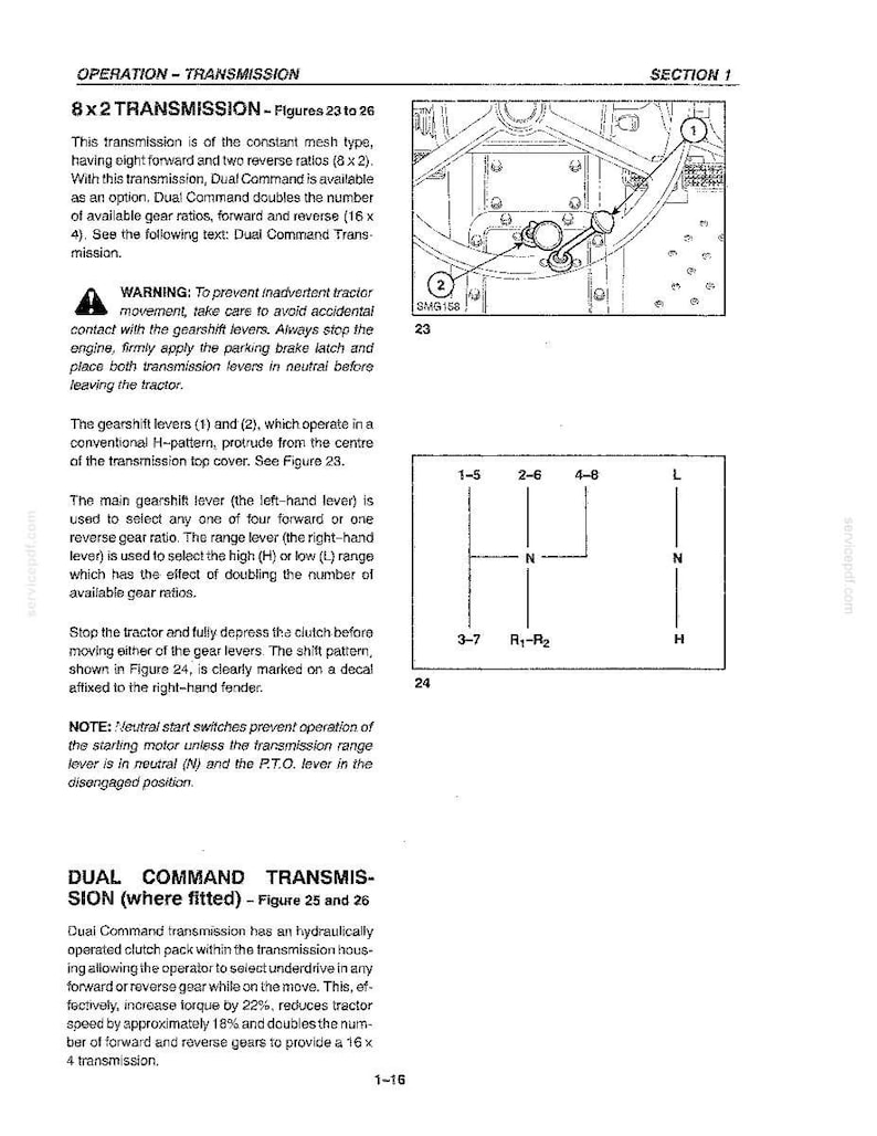 May include: A technical manual page titled OPERATION - TRANSMISSION, SECTION 1, detailing an 8x2 transmission. It includes text, a diagram of gearshift levers labeled 1 and 2, and a shift pattern diagram showing gear positions 1-5, 2-6, 4-8, 3-7, R1-R2, L, N, and H.