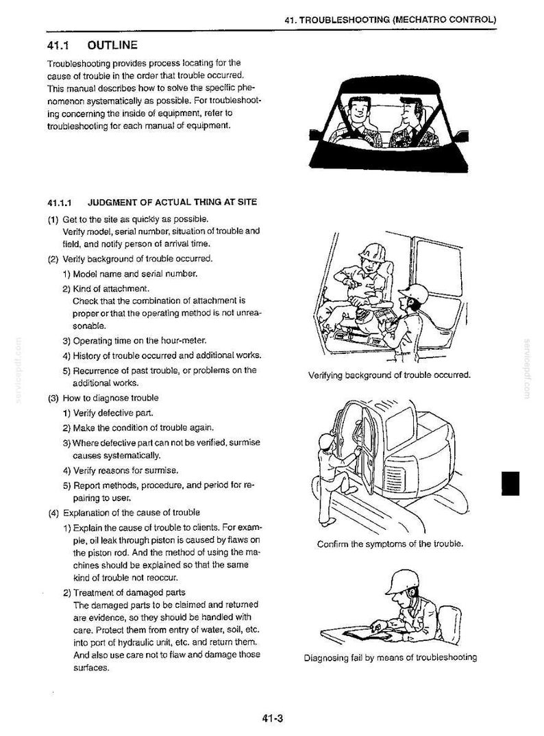 May include: A technical manual page titled 41. TROUBLESHOOTING (MECHATRO CONTROL) featuring text instructions and three black and white line art illustrations showing operators interacting with heavy machinery and diagnostic equipment.