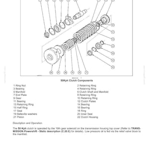 May include: An exploded diagram of a 50 Kph clutch assembly, labeled with numbered components. The image includes a ring nut, bearings, manifold, end plate, gear, and retaining rings. Text at the top reads "ADDITIONAL REDUCERS Overdrive - Static description 50 Kph Clutch."