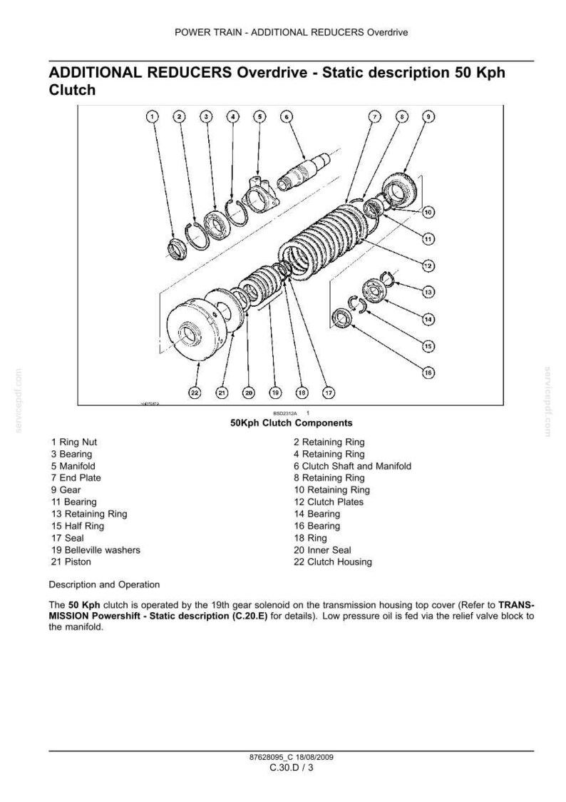 May include: An exploded diagram of a 50 Kph clutch assembly, labeled with numbered components. The image includes a ring nut, bearings, manifold, end plate, gear, and retaining rings. Text at the top reads "ADDITIONAL REDUCERS Overdrive - Static description 50 Kph Clutch."