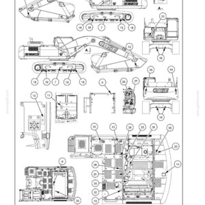 May include: Diagram of a CASE excavator with multiple views and labeled parts. The image includes top, side, and front views, with labels and numbers for each component. The text "2 - SAFETY INFORMATION" is at the top.