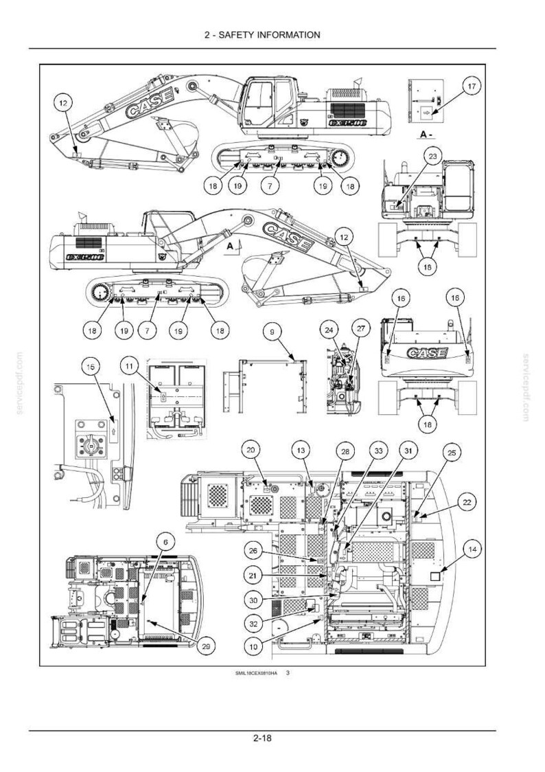 May include: Diagram of a CASE excavator with multiple views and labeled parts. The image includes top, side, and front views, with labels and numbers for each component. The text "2 - SAFETY INFORMATION" is at the top.
