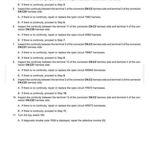 May include: A page from a manual titled "Electrical systems - FAULT CODES." The text provides instructions for inspecting continuity in electrical connectors, including CN.C1, CN.C20, CN.C21, and CN.C22, with troubleshooting steps and fault codes.