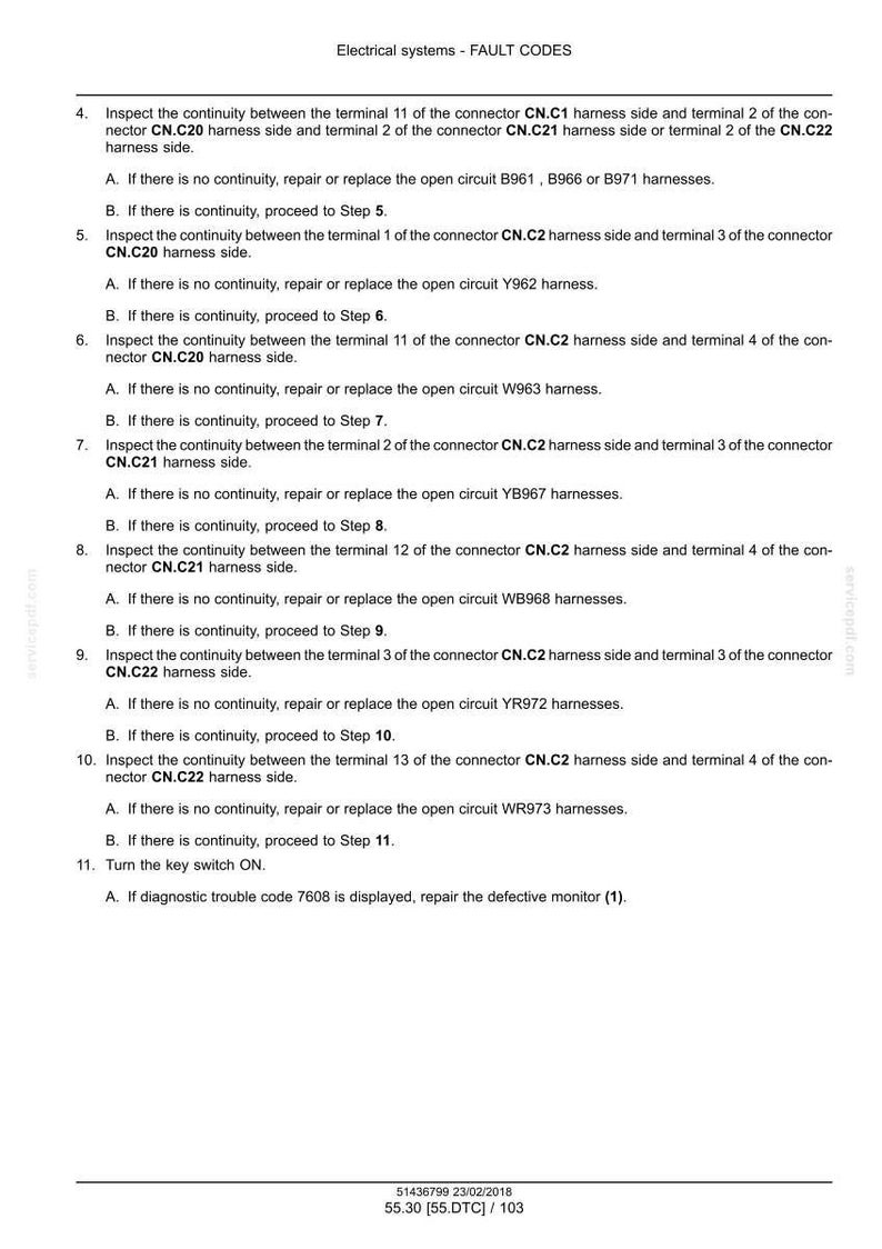 May include: A page from a manual titled "Electrical systems - FAULT CODES." The text provides instructions for inspecting continuity in electrical connectors, including CN.C1, CN.C20, CN.C21, and CN.C22, with troubleshooting steps and fault codes.