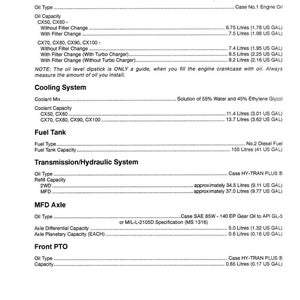 May include: A detailed technical document titled "LUBRICANTS AND CAPACITIES" with engine oil, coolant, and fuel tank specifications. Includes measurements in US gallons and liters. The document also lists transmission, hydraulic, and axle capacities.