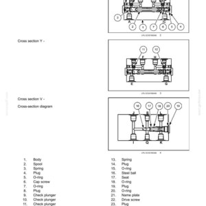 K&ouml;nnte beinhalten: Technische Zeichnung von hydraulischen Handsteuersystemen mit Querschnittsansichten, die mit X, Y und V gekennzeichnet sind. Die Diagramme zeigen Komponenten wie Stopfen, O-Ringe, Federn und Kontrollkolben. Datum und Referenznummer sind unten angegeben.