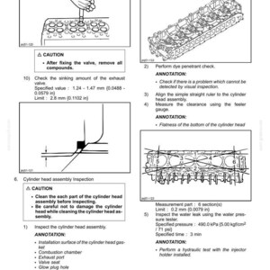 May include: Diagrams and instructions for the removal and installation of a cylinder head. Includes illustrations of valve removal, dye penetrant check, and cylinder head inspection. Measurements are in inches.