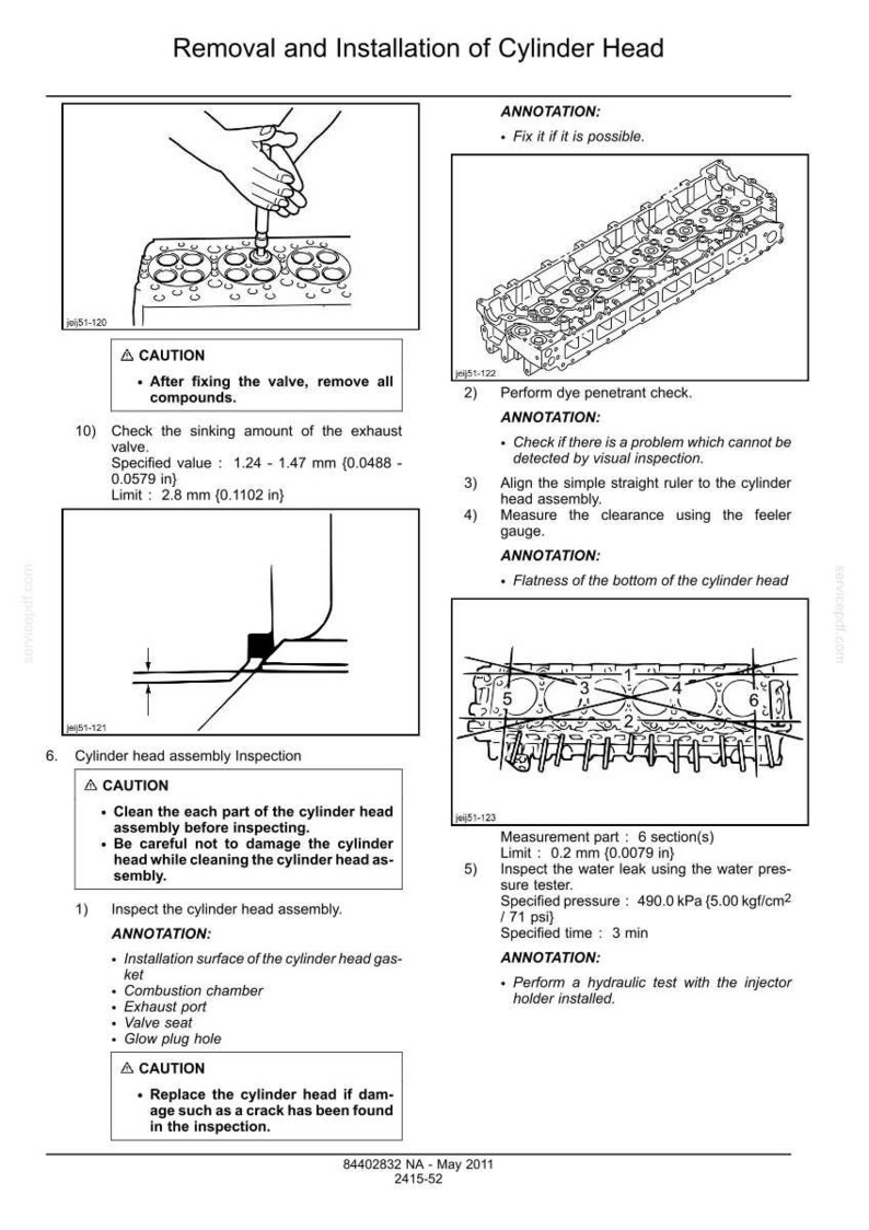 May include: Diagrams and instructions for the removal and installation of a cylinder head. Includes illustrations of valve removal, dye penetrant check, and cylinder head inspection. Measurements are in inches.