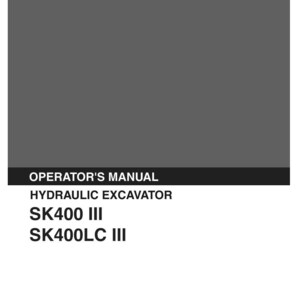 May include: A gray operator's manual for a Kobelco hydraulic excavator. The cover features the text KOBELCO, OPERATOR'S MANUAL, HYDRAULIC EXCAVATOR, SK400 III, and SK400LC III, with additional text at the bottom including Applicable: SK400 III LS-0201-.