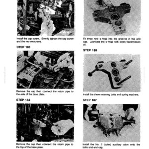 May include: A page from a manual with several black and white images illustrating mechanical assembly steps. Text includes "STEP 182" to "STEP 187" with instructions like "Install the cap screw" and "Fit three new o-rings".