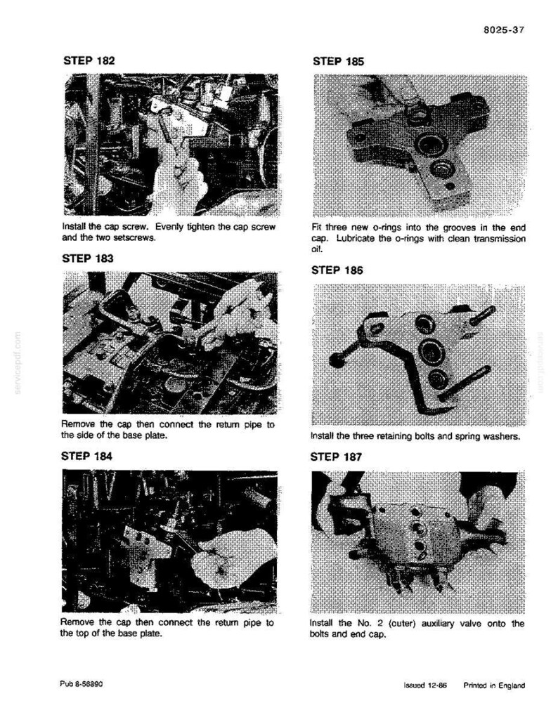 May include: A page from a manual with several black and white images illustrating mechanical assembly steps. Text includes "STEP 182" to "STEP 187" with instructions like "Install the cap screw" and "Fit three new o-rings".