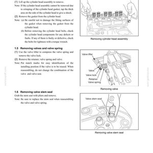 May include: A technical manual page titled DISASSEMBLING ENGINE MAIN PARTS, featuring line drawings of engine maintenance procedures. It illustrates removing the cylinder head assembly, valves, valve springs, and valve stem seals with labels.
