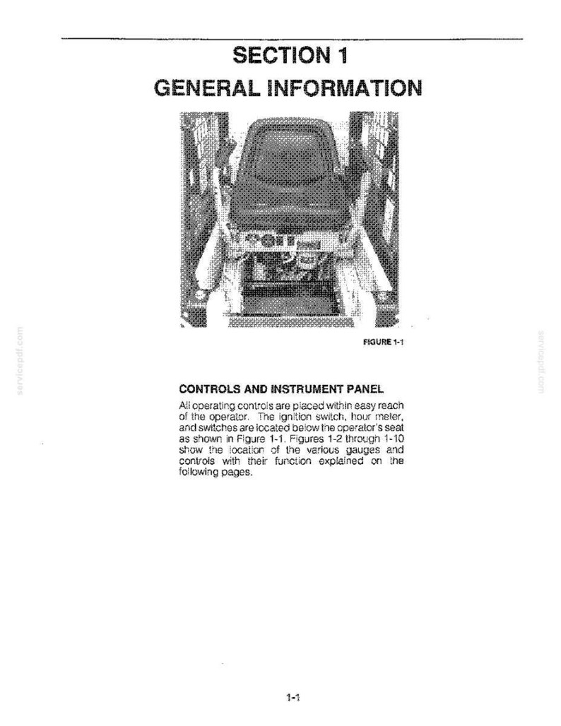 May include: A black and white technical manual page titled SECTION 1 GENERAL INFORMATION. It features a diagram labeled FIGURE 1-1 showing an operator seat and control panel, with text describing the location of the ignition switch and hour meter.