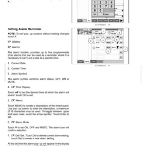 May include: A technical manual page titled 3-CONTROLS AND INSTRUMENTS featuring instructions for setting alarm reminders. It includes two black and white diagrams of a digital display interface with numbered callouts and text explaining the process.